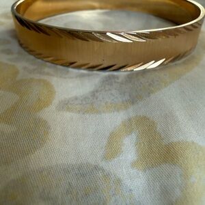 Monet Gold Tone Bangle Bracelet - Textured Etched Wide Cuff - Signed Vintage